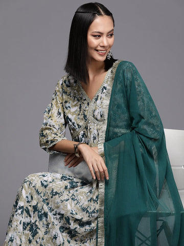 Varanga Women Women Beige And Teal Abstract Printed A-Line Kurta With Bottom And Dupatta